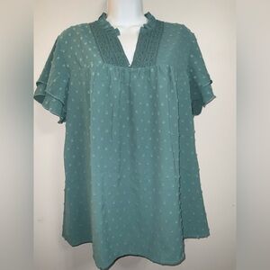 NWOT Green Boho Short-Sleeve Blouse w/ Lace Detail Sz M